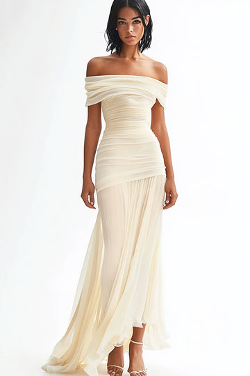 Flowy Ivory Off the Shoulder Ruched Mermaid Wedding Dress
